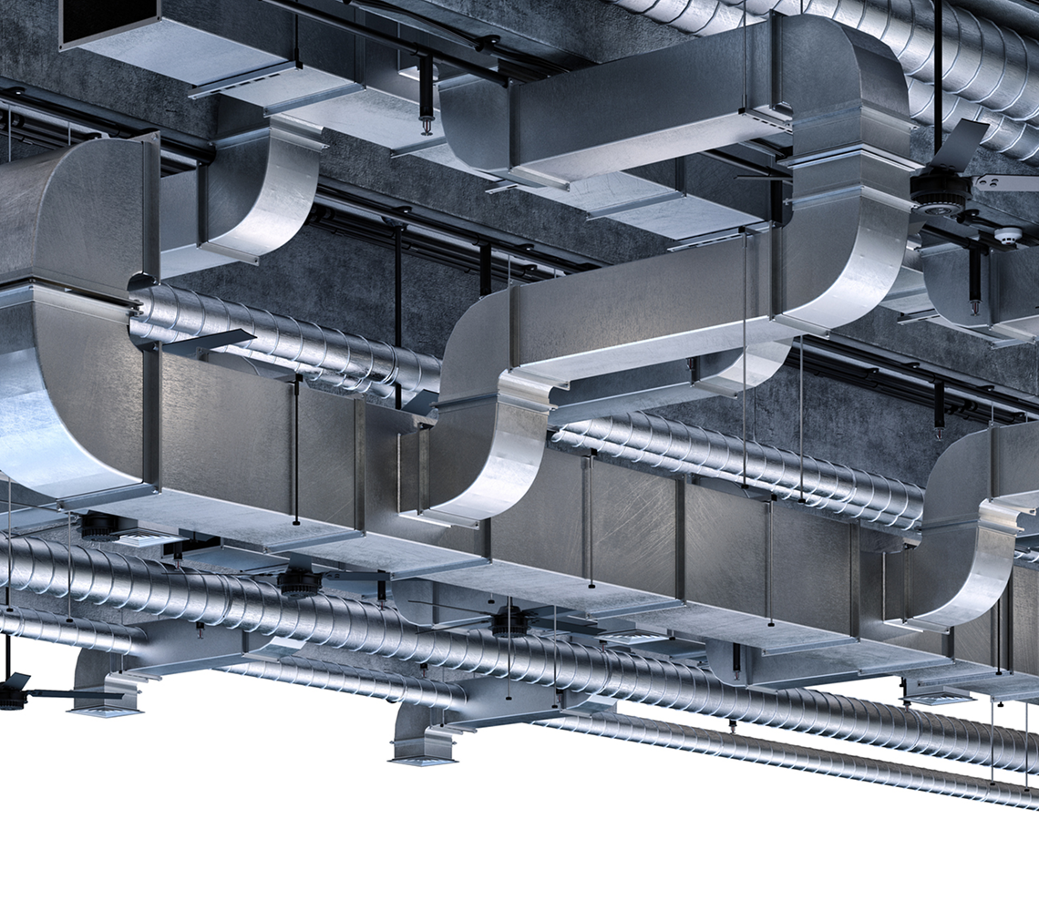 Industrial ductwork on building ceiling